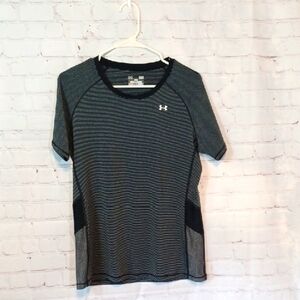 Under Armour Women's HeatGear Athletic T-Shirt - Black & Gray Striped Top L